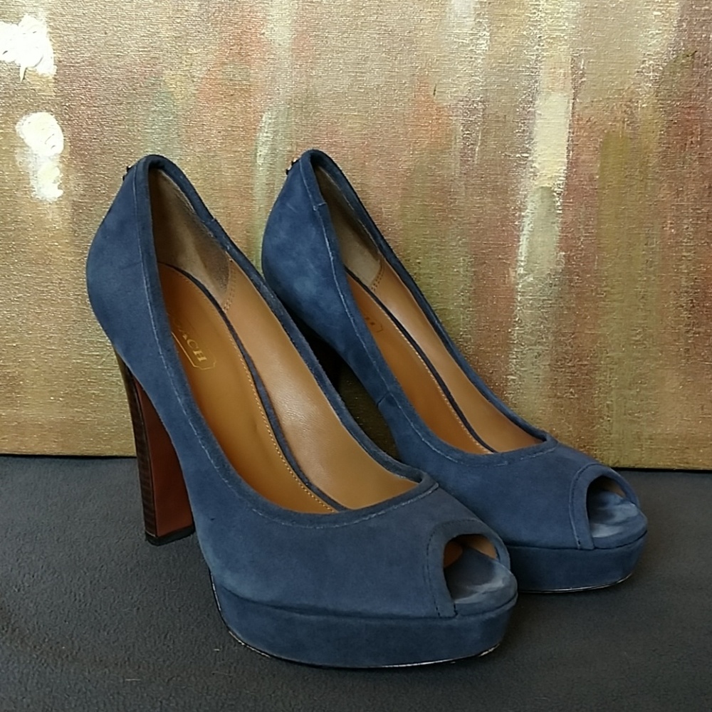 COACH Suede Peep Toe Heels Blue Platform 6.5  👠